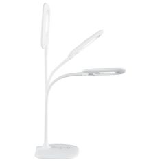 a white desk lamp with two lights on it