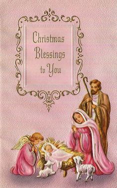 a pink christmas card with an image of jesus and baby jesus in the manger