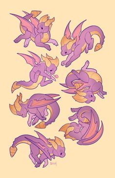 some very cute little purple and yellow pokemons on a light colored background with the same color