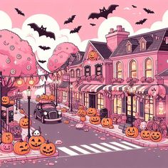 a halloween scene with pumpkins on the street