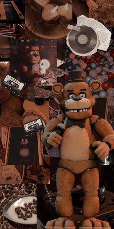 a collage of photos with teddy bears, coffee beans and other things in the background