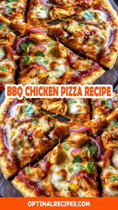 bbq chicken pizza recipe with red onions, cheese and green peppers on it's crust