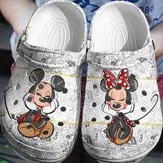 Overjoyed Mickey And Minnie White Clogs For Kids & Adults Casual Mickey Mouse Clogs With Round Toe, Cute White Clogs With Round Toe, Cute White Slip-on Clogs, Playful White Clogs, Playful White Non-slip Clogs, White Non-slip Fun Clogs, Fun White Slip-on Clogs, Minnie Mouse Cartoons, White Clogs