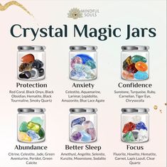 Which Crystal Jar do you need? ✨ Drop an emoji in the comments below! 🖤for Protection 💙for Anxiety ❤️for Confidence 💚for Abundance 🧡for Better Sleep 🤎for Focus Crystal Healing Chart, Crystal Guide, Crystals Healing Properties, Spiritual Crystals, Wiccan Spell Book, Herbal Magic, Wiccan Spells, Crystals In The Home, Crystal Healing Stones