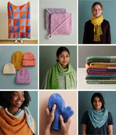 many different knitted scarves and hats are arranged in squares, with one woman holding the scarves