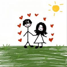 a drawing of two people holding hands with hearts in the background