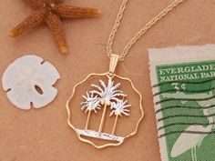 Palm Trees Pendant & necklace, Hand Pierced Iraq Coin ( # 433 ) Hand Piercing, Palm Tree Pendant, Tree Of Life Pendant, Graphics Inspiration, Tree Pendant, Jewelry Cleaner, Gold Plated Chains, Iraq, Pendant Earrings