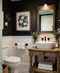 Bathroom Ideas Rustic Farmhouse, Guesthouse Bathroom Ideas, Guest Bathroom With Wainscotting, Small Bathroom Ideas Antique, Paneled Ceiling Bathroom, Small Bathroom Paint Ideas Farmhouse, Half Bath Boho Decor, Rustic Farmhouse Powder Room, Farmhouse Style Half Bath