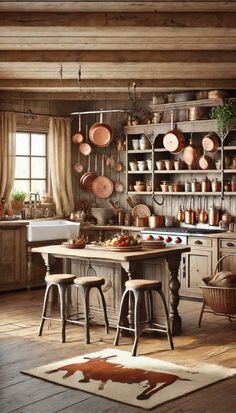 an old fashioned kitchen with pots and pans on the wall