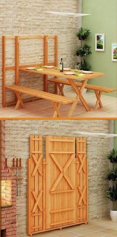 two pictures of a wooden table and bench in different stages of being built into the wall