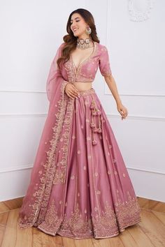 Buy Pink Chanderi And Organza Lining Satin Embroidery Sequin Lehenga Set For Women by Jigar Mali Online at Aza Fashions. Simple Engagement Lehenga, Simple Lehanga Ideas, Pink Kundan Lehenga For Eid, Pink Gota Work Lehenga For Eid, Pink Lehenga With Gota Work For Eid, Pink Chandbali Choli With Intricate Embroidery, Pink Lehenga With Gota Work For Wedding, Traditional Pink Gown With Gota Work, Elegant Pink Lehenga With Gota Work