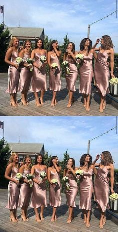 four pictures of women in different dresses posing for the camera