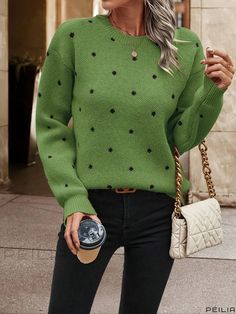 Peilia - Womens Classic Polka Dot Crew Neck Long Sleeve Pullover Sweater - A Versatile and Stylish Basic for Your Wardrobe. Long Sleeve Pullover Sweater, Drop Shoulder Sweaters, Polka Dot Pattern, Knitwear Women, Long Sleeve Pullover, Pullover Sweater, Drop Shoulder, Green Colors, Pullover Sweaters