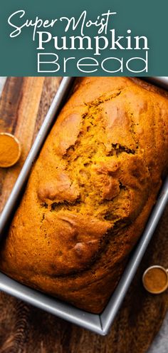 An overhead view of a loaf of pumpkin bread still in the loaf pan, set on a wooden cutting board. Super Moist Pumpkin Bread, Stay At Home Chef, Moist Pumpkin Bread, Pumpkin Loaf, Muffin Bread, Tasty Healthy