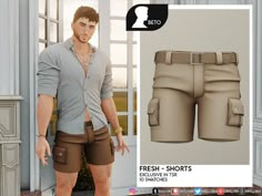 an image of a man in shorts with his hands on his hips and the words fresh shorts below him