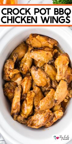 crock pot bbq chicken wings in a white bowl with the title above it