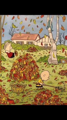 a painting of charlie brown and his family in the fall with leaves on the ground