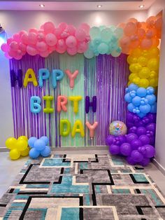 a birthday party with balloons and streamers on the wall, in front of a backdrop that says happy birthday