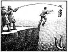 a man is trying to pull another man off the cliff with a fishing rod, vintage line drawing or engraving illustration