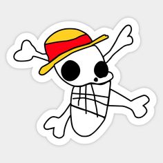 a sticker with a skull wearing a hat and bones on it's face