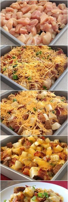 four different types of food in pans on top of each other, including meat and cheese