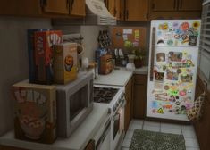 a kitchen with refrigerator, stove and cabinets covered in magnets on the door knobs