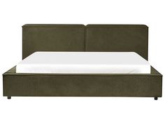 an upholstered bed frame with white sheets