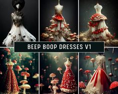 various dresses and mushrooms are featured in this collage with the words, bed bod dresses v1