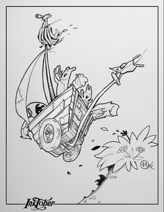 an ink drawing of a cartoon character flying through the air on top of a boat