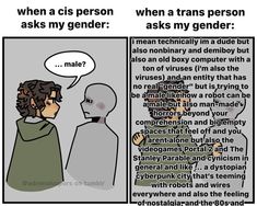 a comic strip with an image of two people talking to each other and the caption says, when a cis person asks my gender