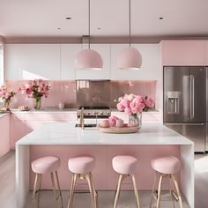 a kitchen with pink accents and white countertops is pictured in this image, there are four stools at the center of the island