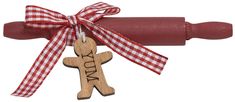 a red and white checkered ribbon tied around a wooden man ornament with the word july on it