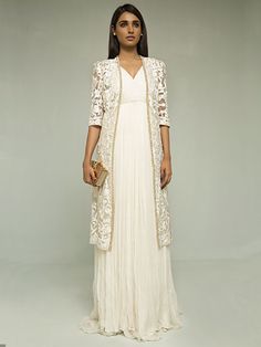 Zaheer Abbas Pleated chiffon dress paired with embroidered jacket in organza… Manish, Moda Vintage, Gown Wedding, Abaya Fashion