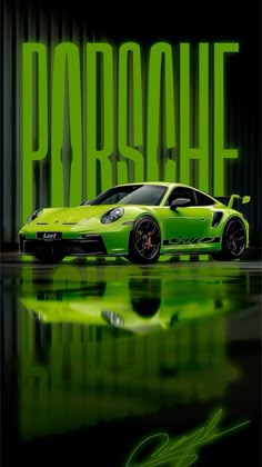 a green sports car with the words parrsache on it's side in front of a black background