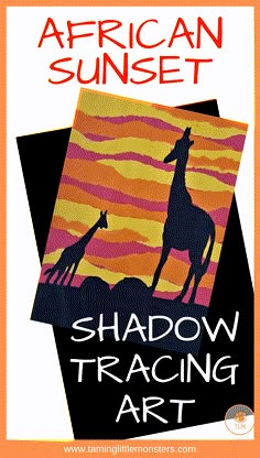 an african sunset poster with two giraffes and the words shadow tracing art