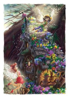 the little mermaid is sitting on top of a house with flowers growing out of it