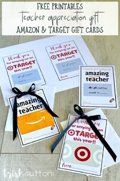 free printable teacher appreciation gift cards for amazon and target teachers with text overlay