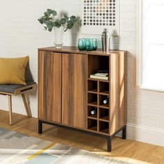 a room with a chair, table and wine rack