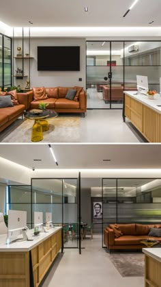 two pictures of a living room with couches, tables and television on the wall