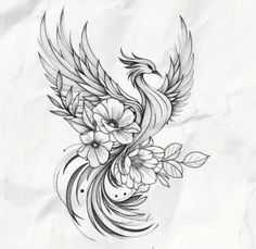 a drawing of a bird with flowers on it's back and wings in the air