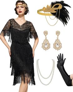 a woman in a flap dress and accessories including gloves, bracelets, necklaces and earrings