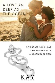 an advertisement for kay jewelers featuring two engagement rings and a diamond ring on the beach