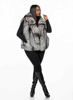 Keep warm and stylish in the stunning Silvia Silver Fox vest. It features a full skin of silver fox fur, oversized collar, two pockets, and hook closure. This fur runs true to size. Model is 5'5'' 38" bust, 36G bra, 29" waist, 42" hips and is wearing a size L. Fur Vest Outfit Dressy, Fur Vest Outfit, Fur Vest Outfits, Gold Fox, Fox Fur Vest, Fox Fur Jacket, Vest Outfit, Pinterest Tumblr, Shearling Vest