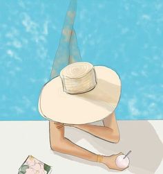 a woman sitting on the edge of a pool wearing a hat