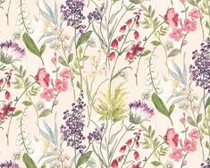 a floral wallpaper with pink, purple and green flowers