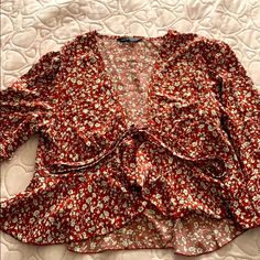 Super Cute Never Worn! Wide Sleeves Very Flowy Red Floral Print Tops For Fall, Fall Floral Print Red Top, Red V-neck Shirt For Spring, Fall Red Floral Print Tops, Red Floral Print Shirt For Spring, Trendy Red Shirt For Spring, Red Long Sleeve Blouse For Day Out, Red Long Sleeve Shirt For Day Out, Red Spring Tops For Brunch