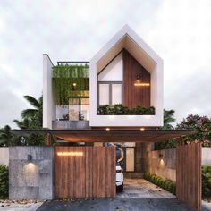 a car is parked in front of a house with plants growing on the roof and windows