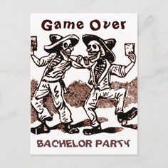 a game over bachelor party card with two skeletons