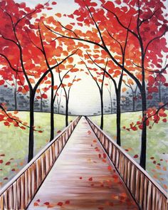 an acrylic painting of a bridge leading to trees with red leaves on them