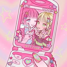 a pink cell phone with two girls on it's screen and stars in the background